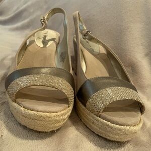 Anne Klein Taupe and Glittery Gold Espadrille Slingbacks